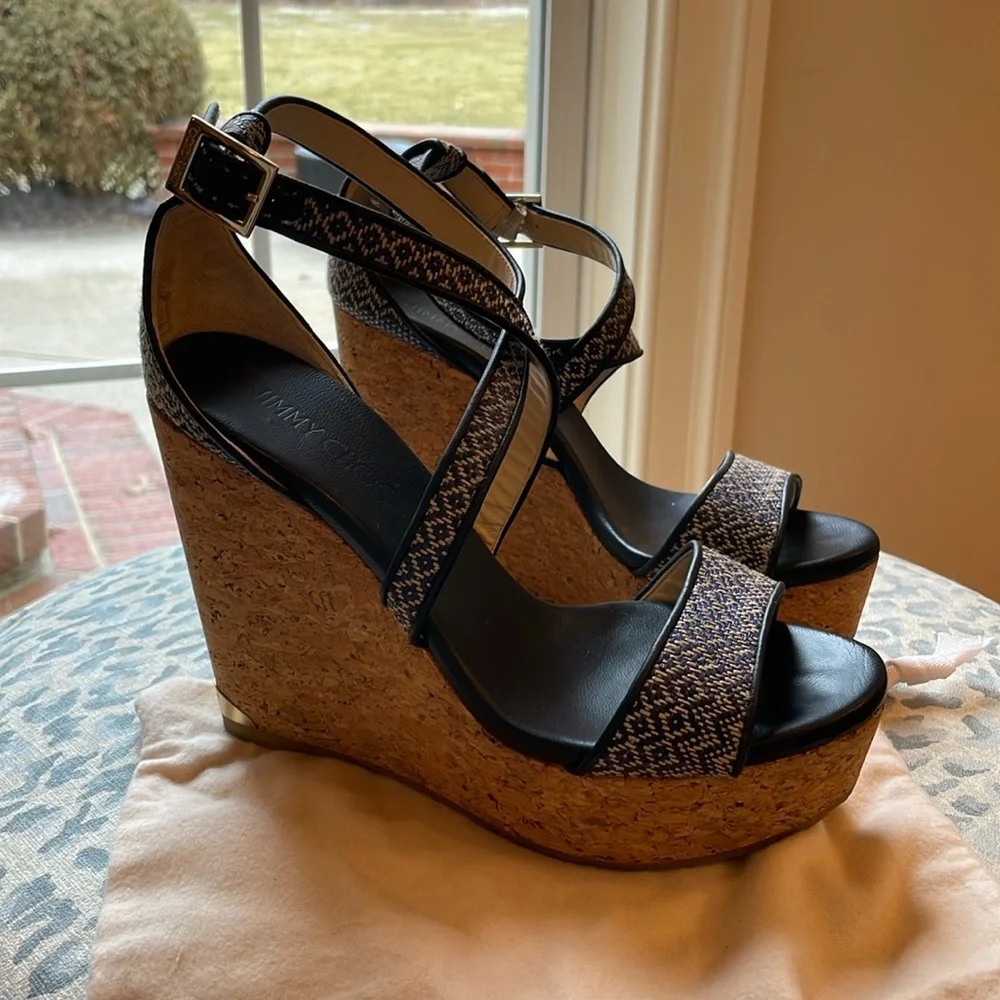 Jimmy Choo Portia Wedge Sandals Navy Cork Two-Tone Leather Size 38 EU Chic Style